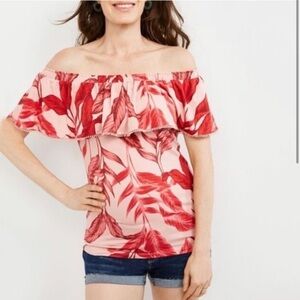 A Pea in the Pod maternity top off the shoulder tropical floral palm
